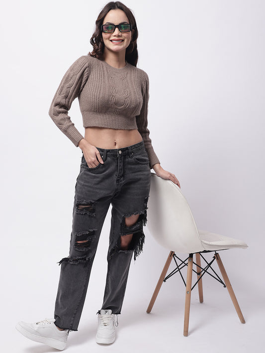 Round Neck Full Sleeve Crop Brown Sweater