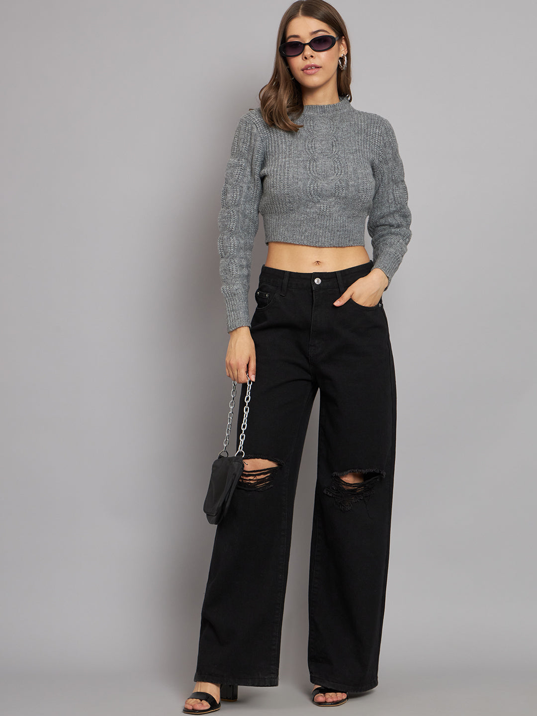 Round Neck Full Sleeve Crop Dark Grey Sweater