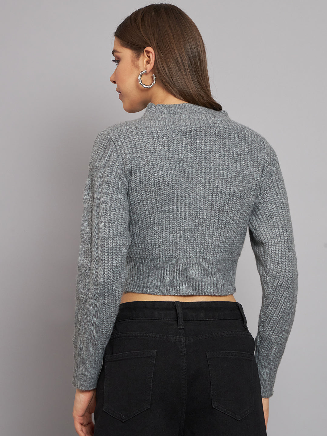 Round Neck Full Sleeve Crop Dark Grey Sweater