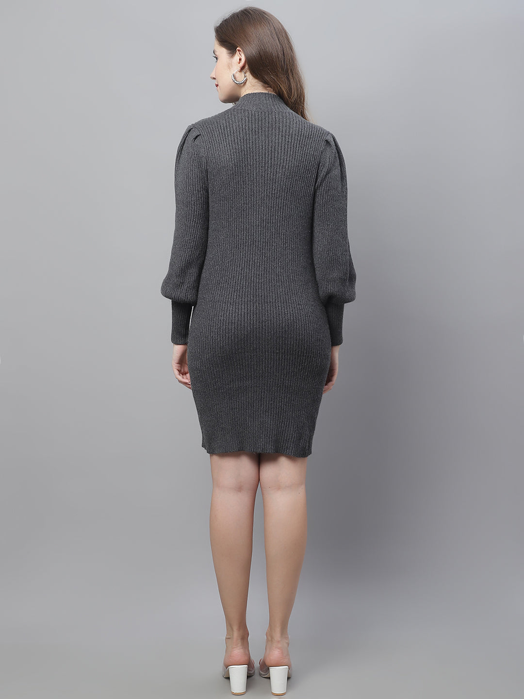 Acrylic Bodycon Full Sleeve Ribbed Grey Dress