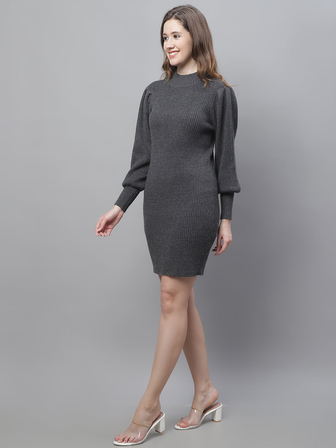 Acrylic Bodycon Full Sleeve Ribbed Grey Dress