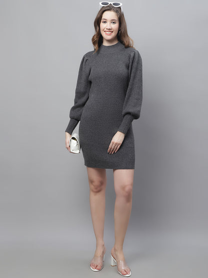 Acrylic Bodycon Full Sleeve Ribbed Grey Dress