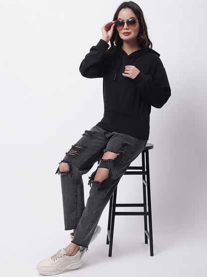 Cotton Hooded Full Sleeve Black Sweatshirt