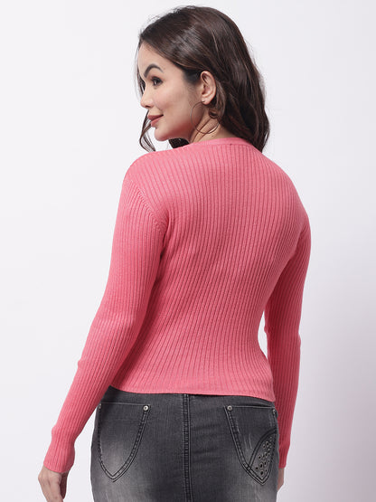 Full Sleeve Round Neck Ribbed Pink Top