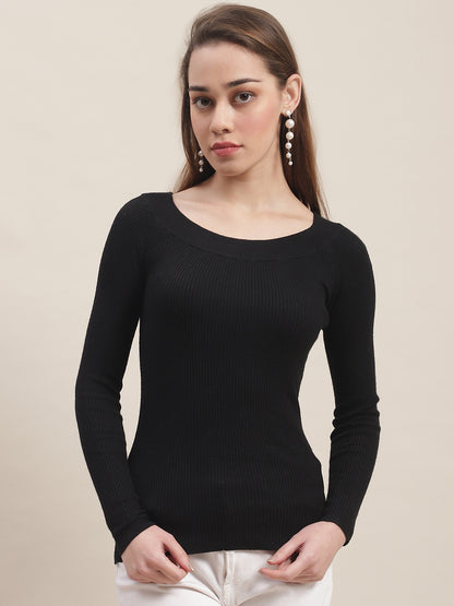 Full Sleeve Boat Neck Ribbed Black Top