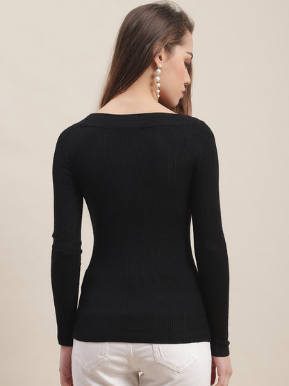 Full Sleeve Boat Neck Ribbed Black Top