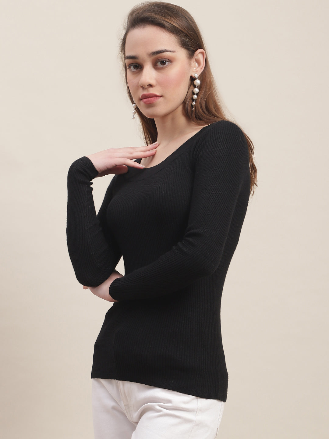 Full Sleeve Boat Neck Ribbed Black Top