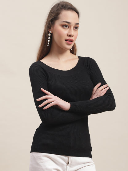 Full Sleeve Boat Neck Ribbed Black Top