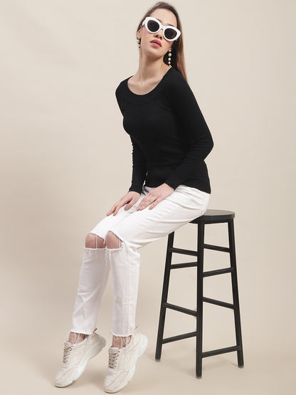 Full Sleeve Boat Neck Ribbed Black Top