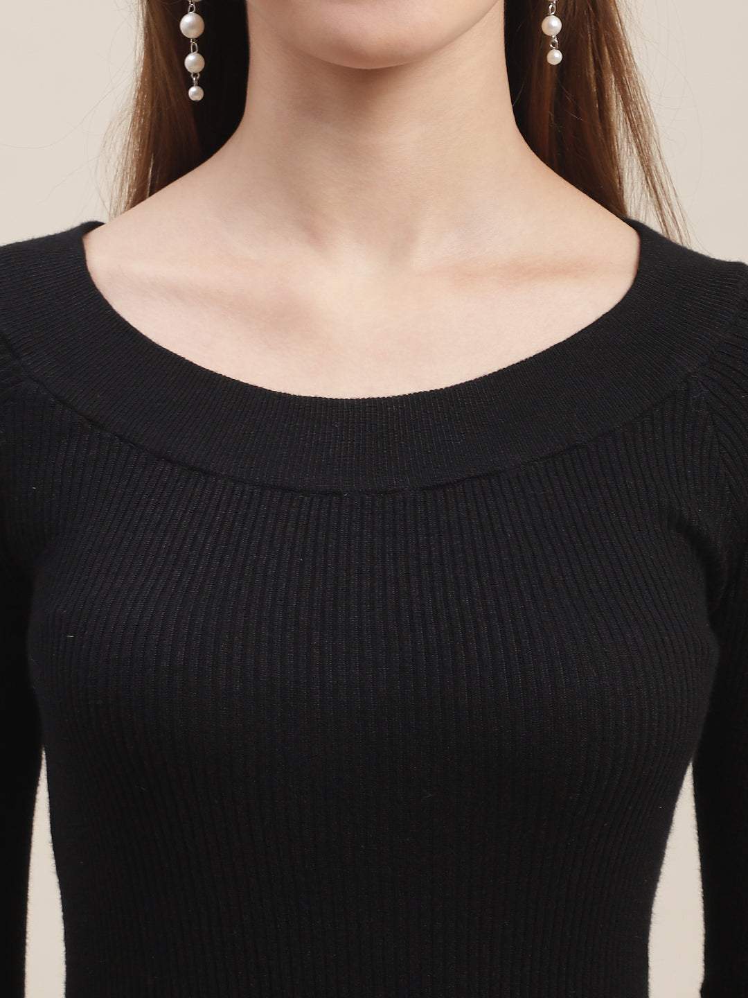 Full Sleeve Boat Neck Ribbed Black Top