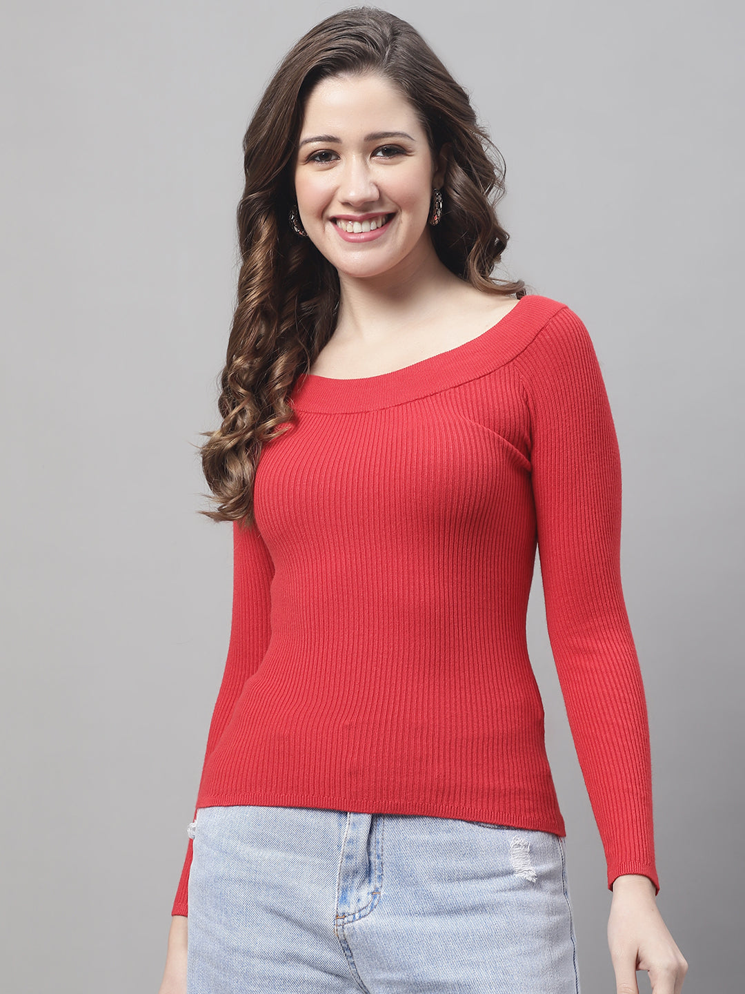 Full Sleeve Boat Neck Ribbed Red Top