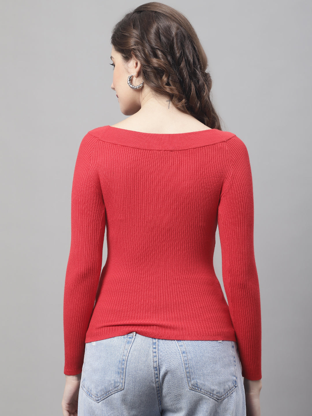 Full Sleeve Boat Neck Ribbed Red Top