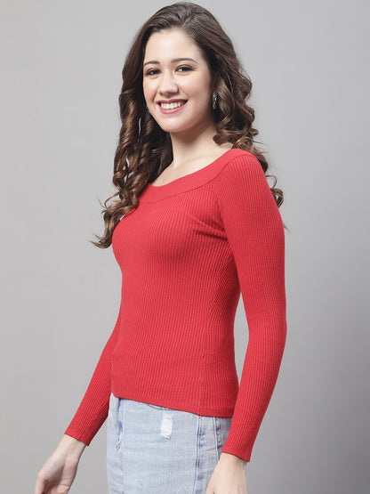 Full Sleeve Boat Neck Ribbed Red Top