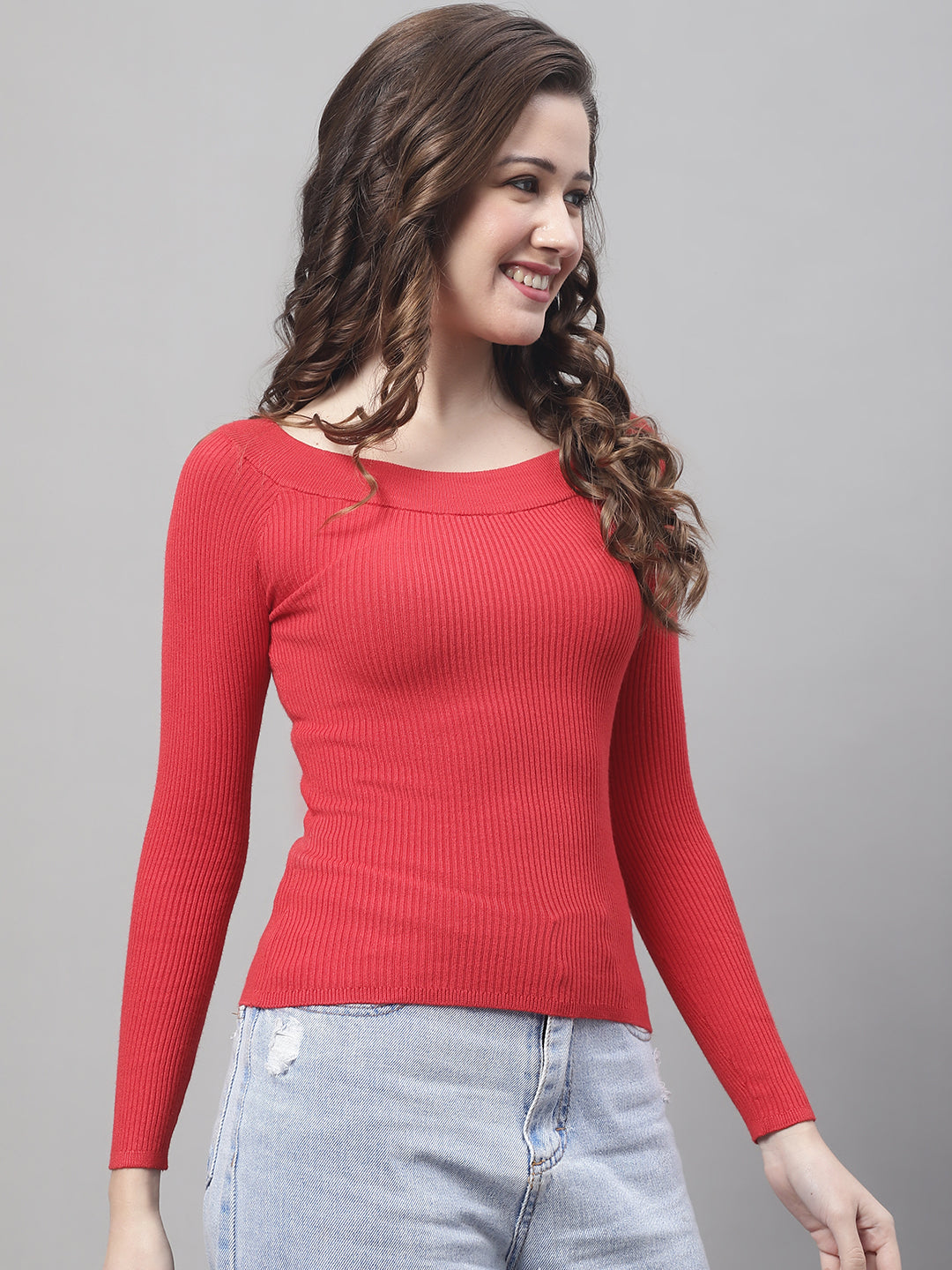 Full Sleeve Boat Neck Ribbed Red Top