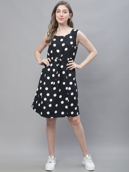 Cotton Fit and Flare Sleeveless Polka Dot Black Dress