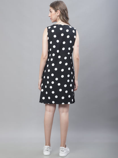 Cotton Fit and Flare Sleeveless Polka Dot Black Dress