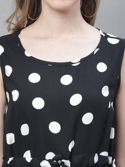 Cotton Fit and Flare Sleeveless Polka Dot Black Dress