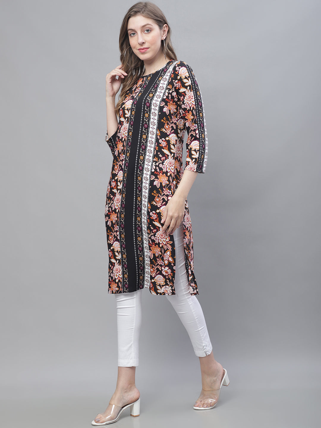 Cotton 3/4Sleeve Round Neck Multicolour Kurti