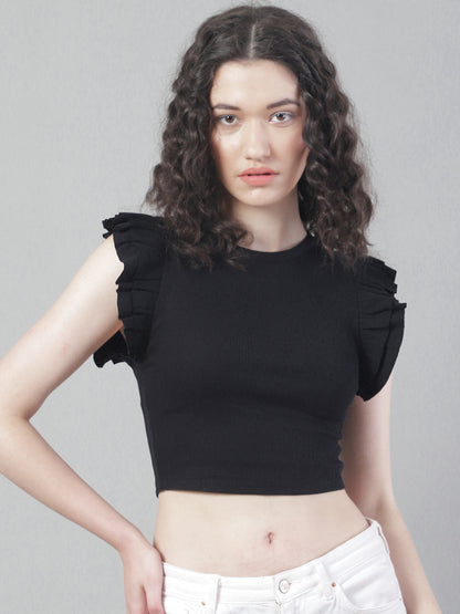 Viscose Frill Sleeve Round Neck Black Crop Top