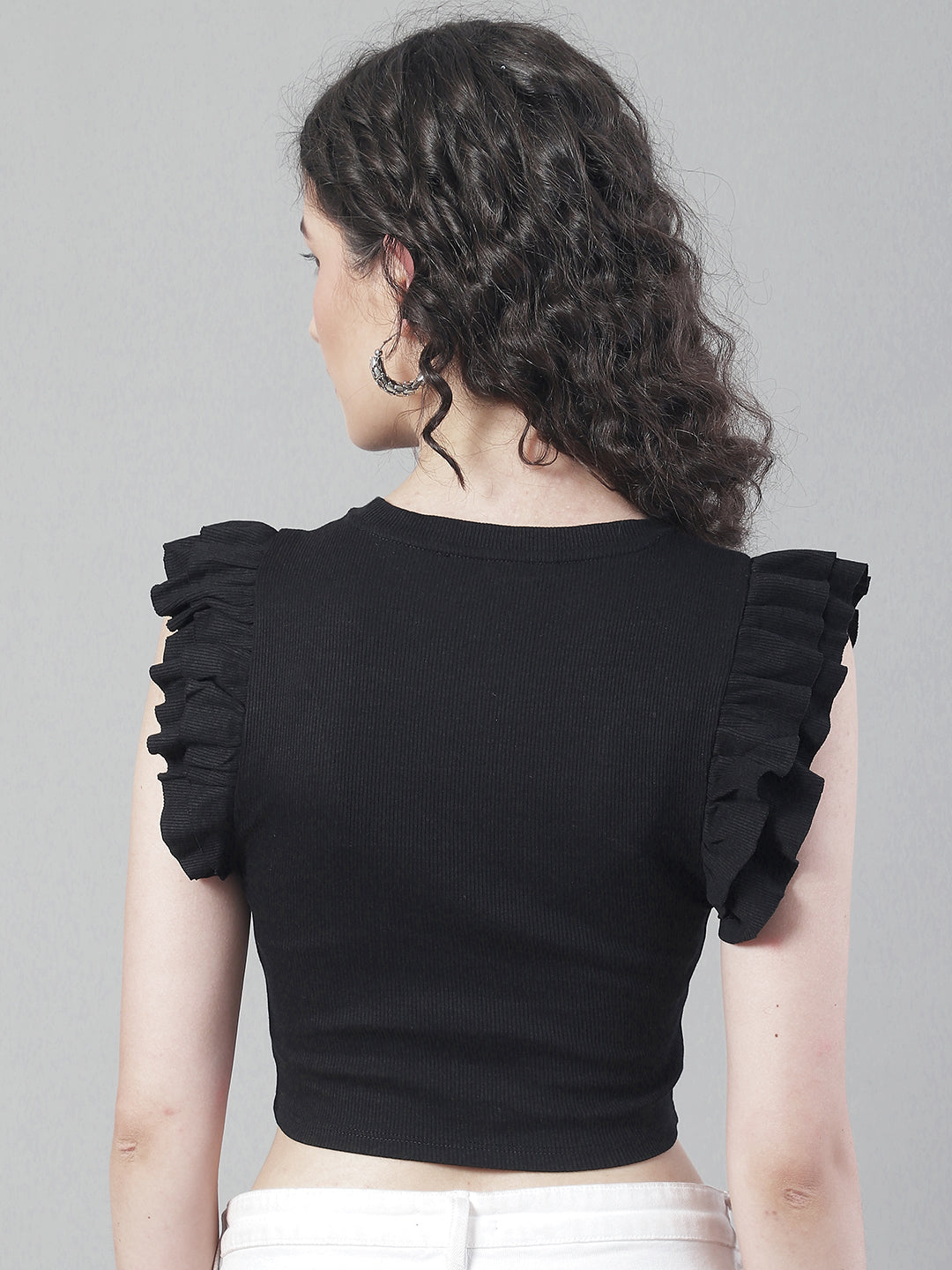 Viscose Frill Sleeve Round Neck Black Crop Top