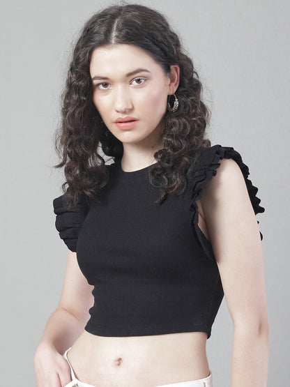 Viscose Frill Sleeve Round Neck Black Crop Top