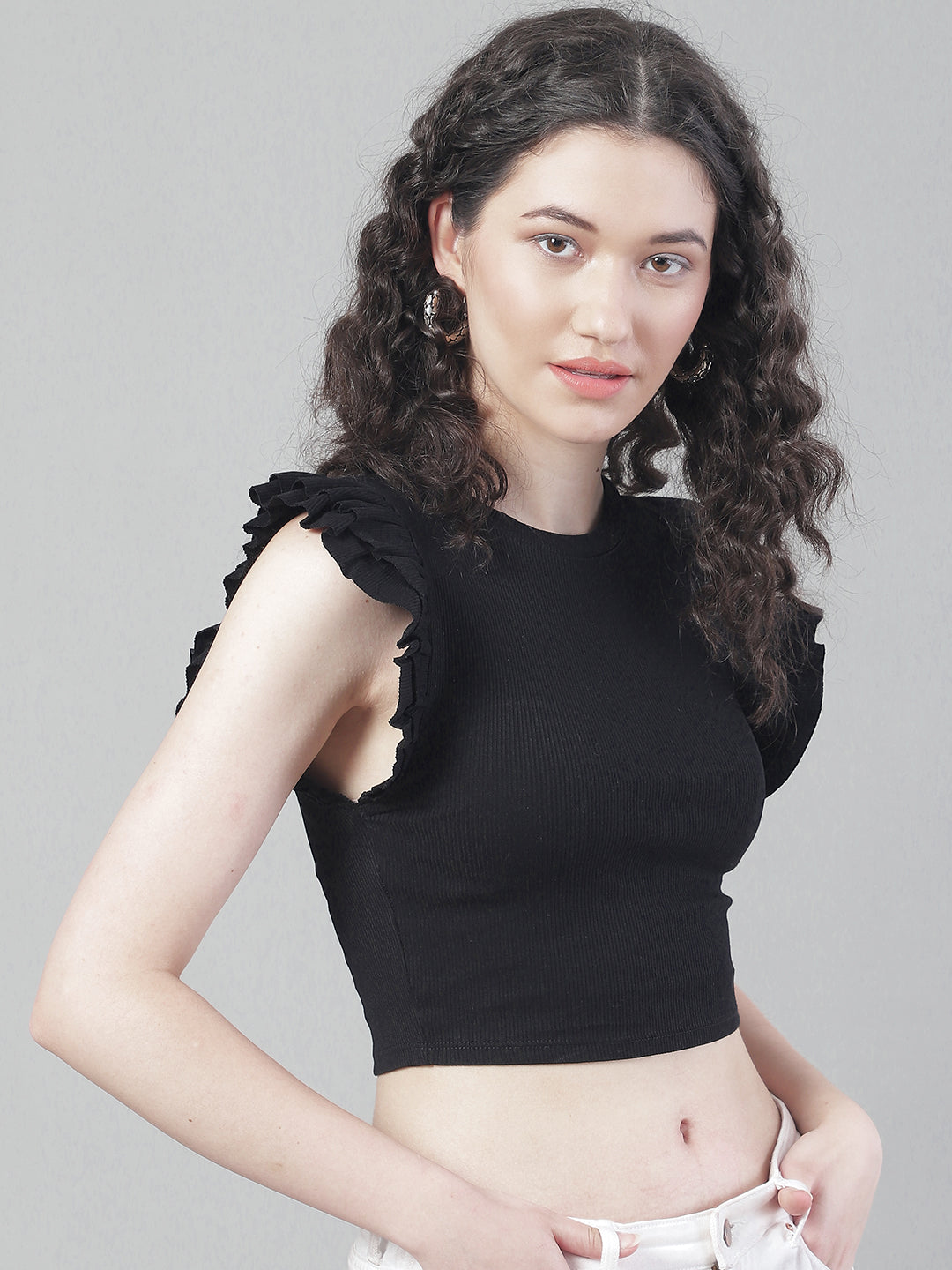 Viscose Frill Sleeve Round Neck Black Crop Top