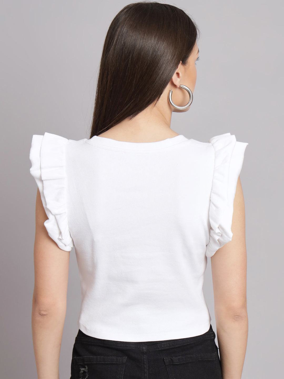 Frill Sleeve Round Neck White Crop Top