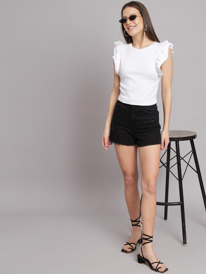 Frill Sleeve Round Neck White Crop Top