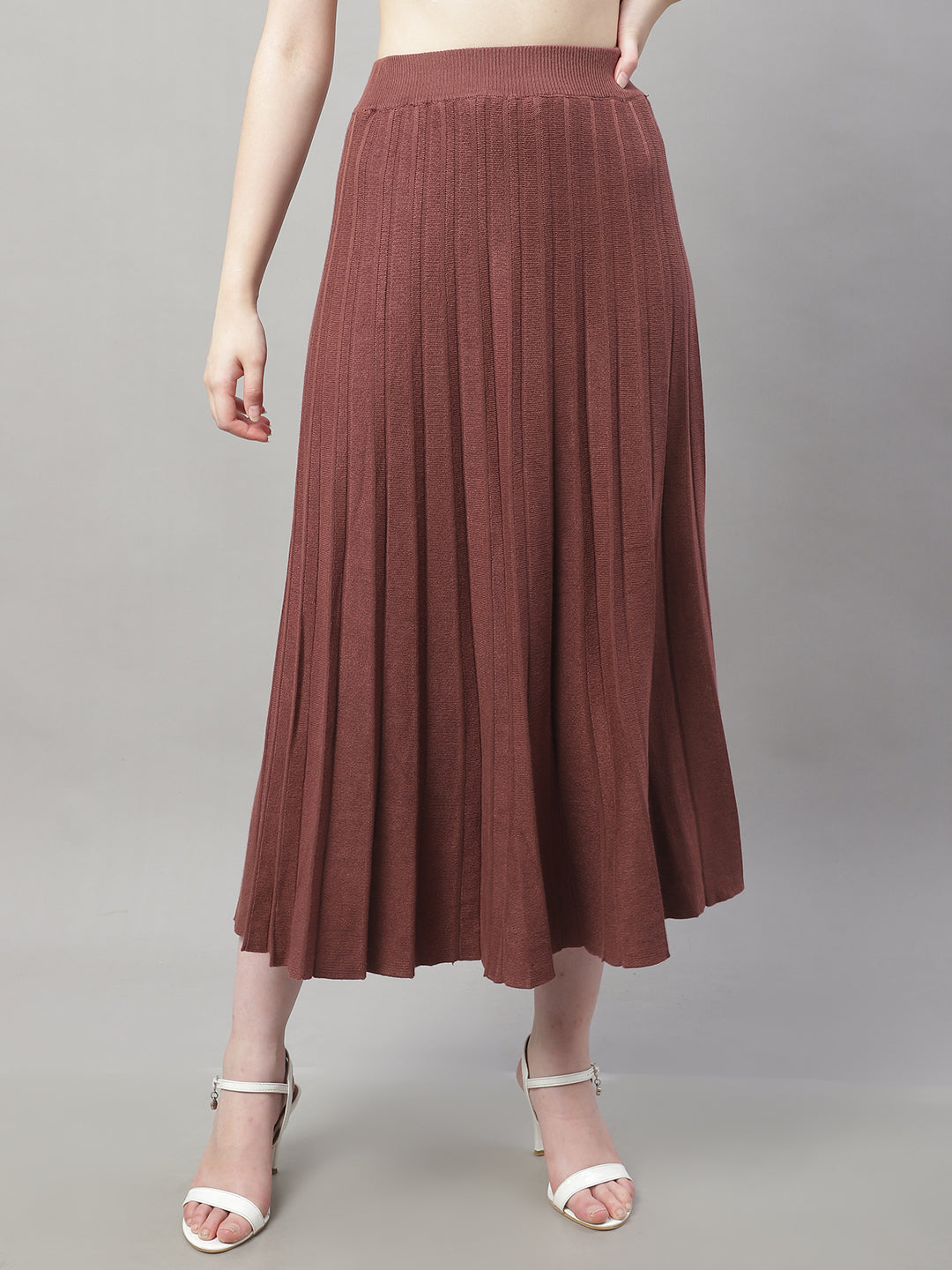 Wool Formal with Lining Pleated Flared Long Brown Skirt