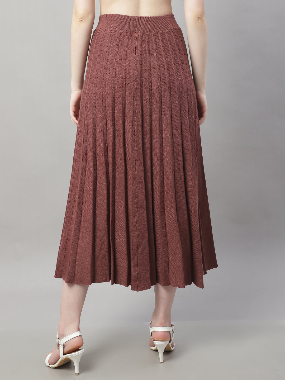 Wool Formal with Lining Pleated Flared Long Brown Skirt