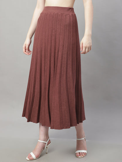 Wool Formal with Lining Pleated Flared Long Brown Skirt