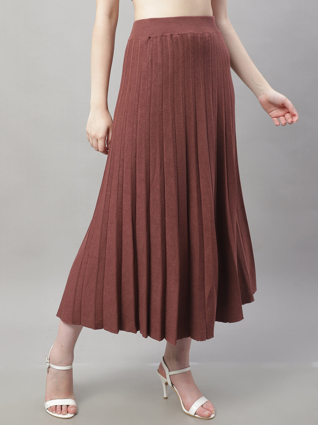 Wool Formal with Lining Pleated Flared Long Brown Skirt