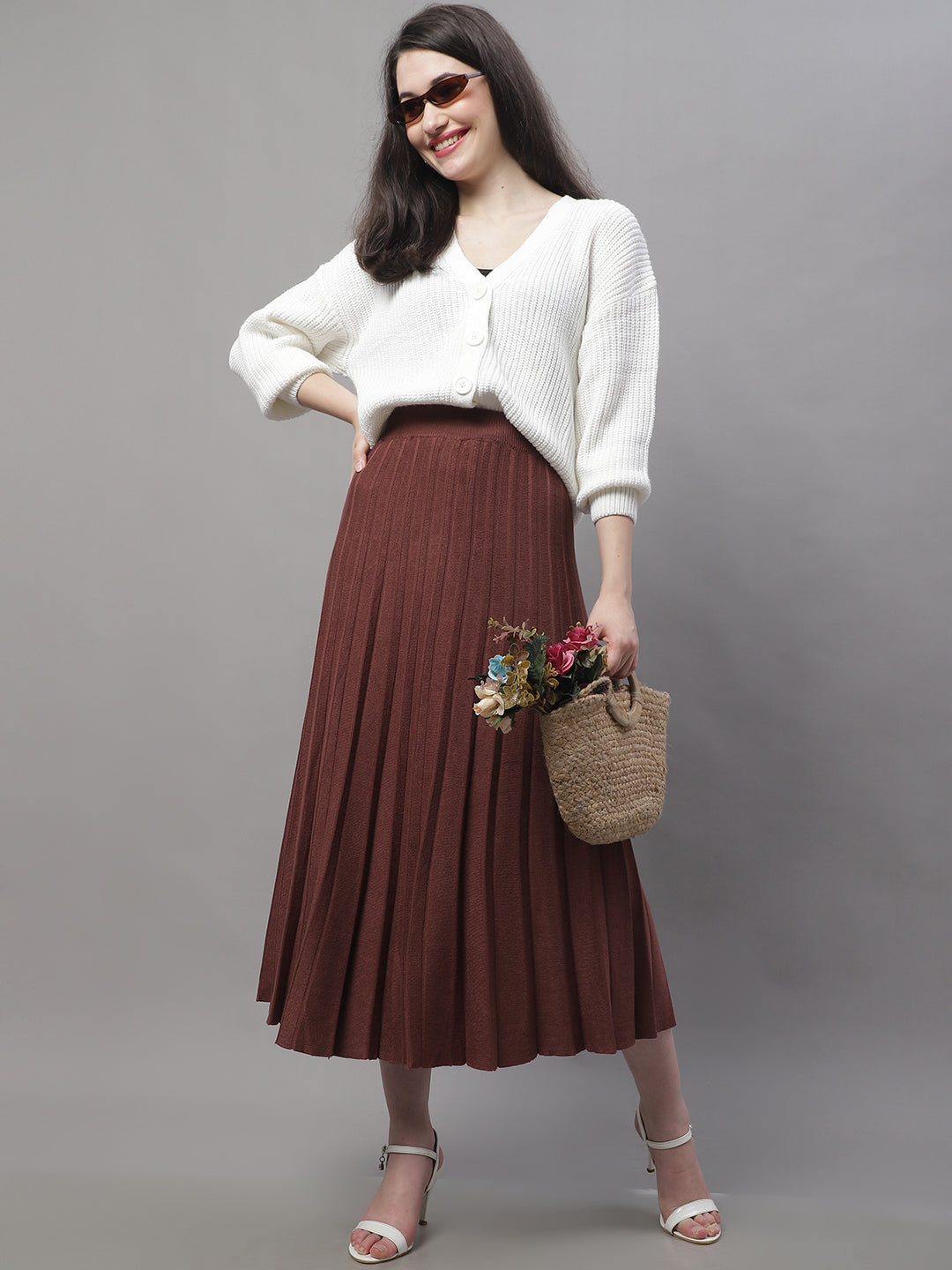 Wool Formal with Lining Pleated Flared Long Brown Skirt