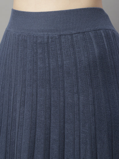 Wool Formal with Lining Pleated Flared Long Dark Blue Skirt