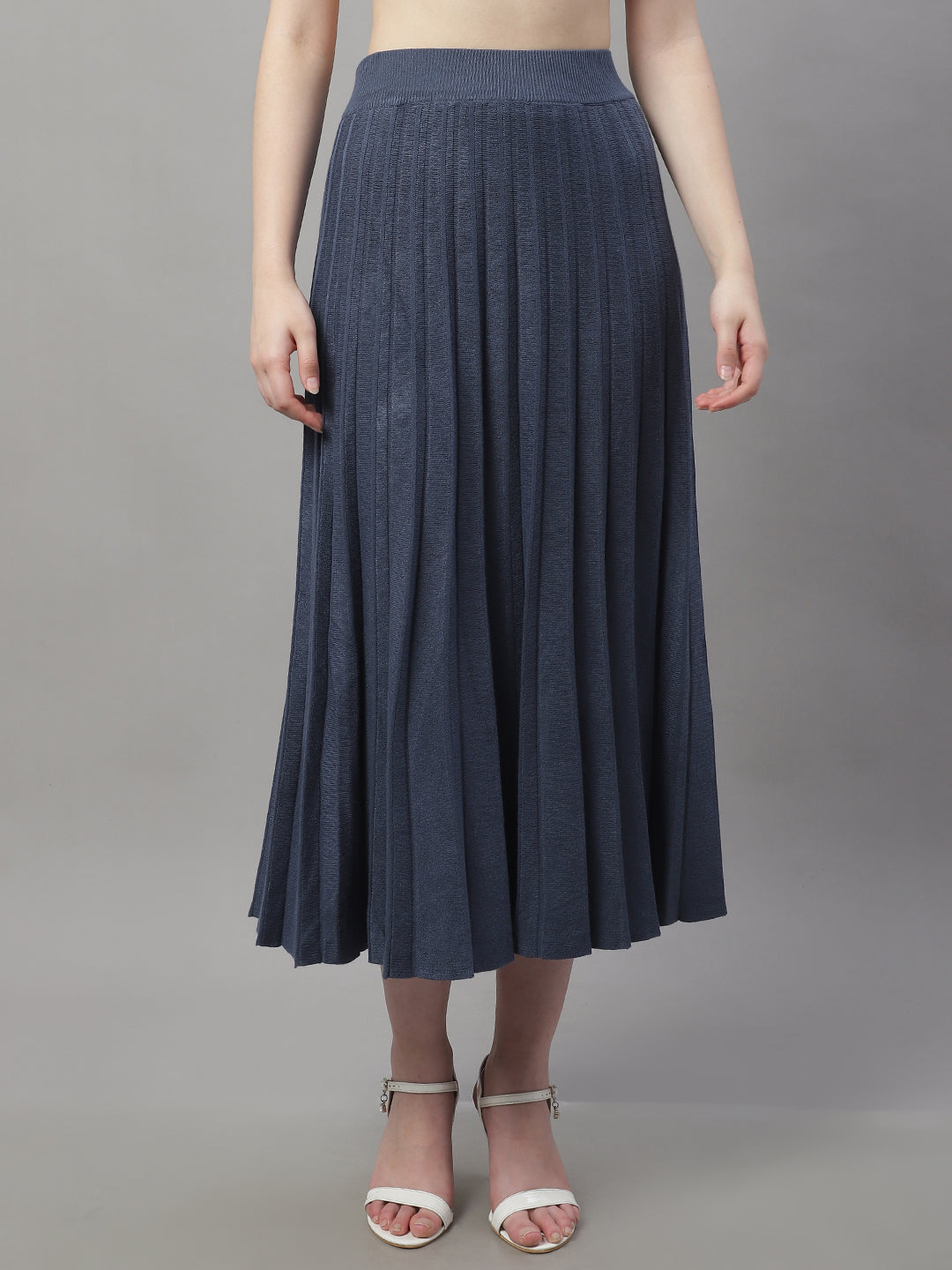 Wool Formal with Lining Pleated Flared Long Dark Blue Skirt