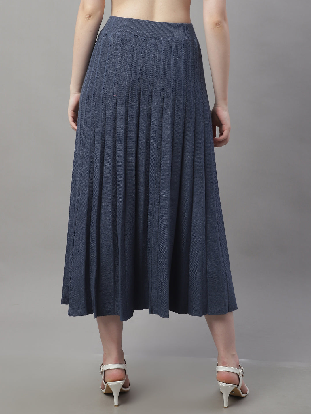 Wool Formal with Lining Pleated Flared Long Dark Blue Skirt