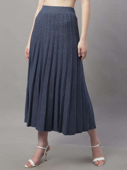 Wool Formal with Lining Pleated Flared Long Dark Blue Skirt