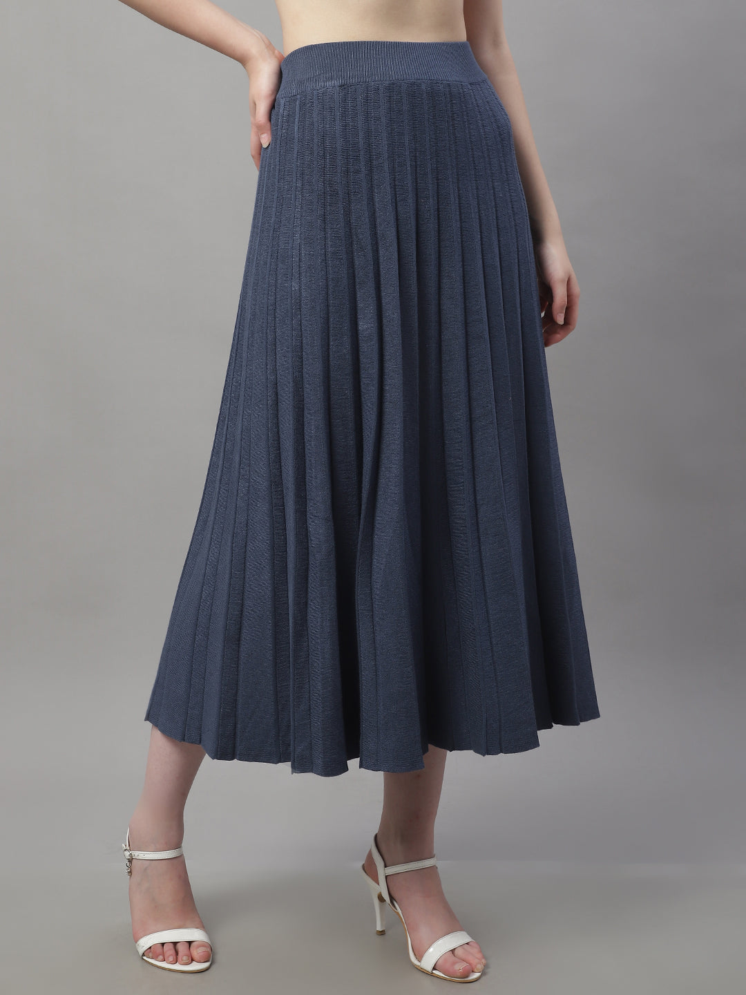 Wool Formal with Lining Pleated Flared Long Dark Blue Skirt