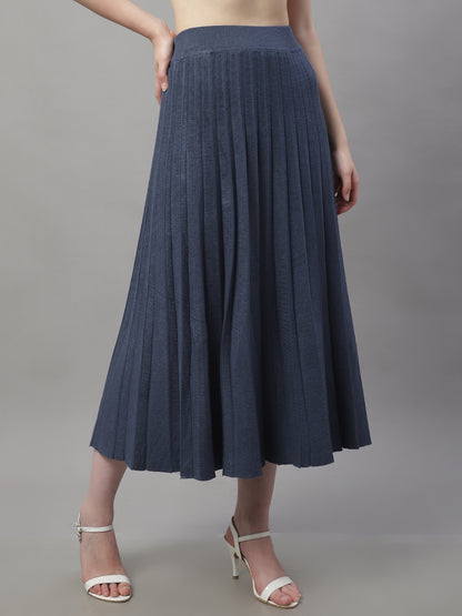 Wool Formal with Lining Pleated Flared Long Dark Blue Skirt