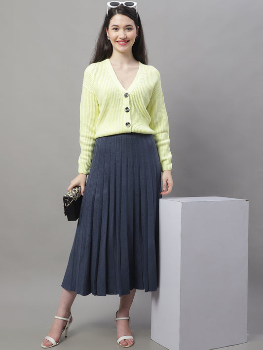 Wool Formal with Lining Pleated Flared Long Dark Blue Skirt