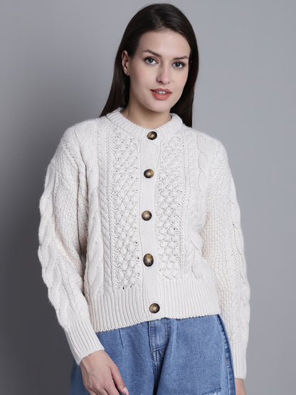 Acrylic Full Sleeve Button Closure Round Neck White Cardigan