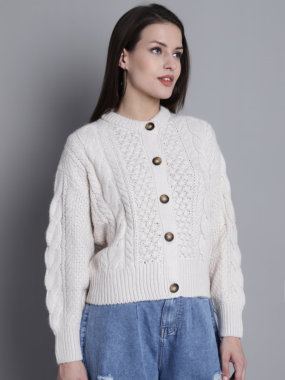 Acrylic Full Sleeve Button Closure Round Neck White Cardigan