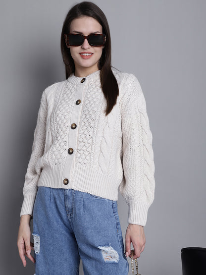 Acrylic Full Sleeve Button Closure Round Neck White Cardigan