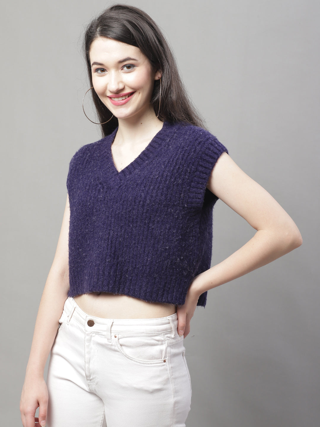 Acrylic Crop V-Neck Sleeveless Blue Sweater