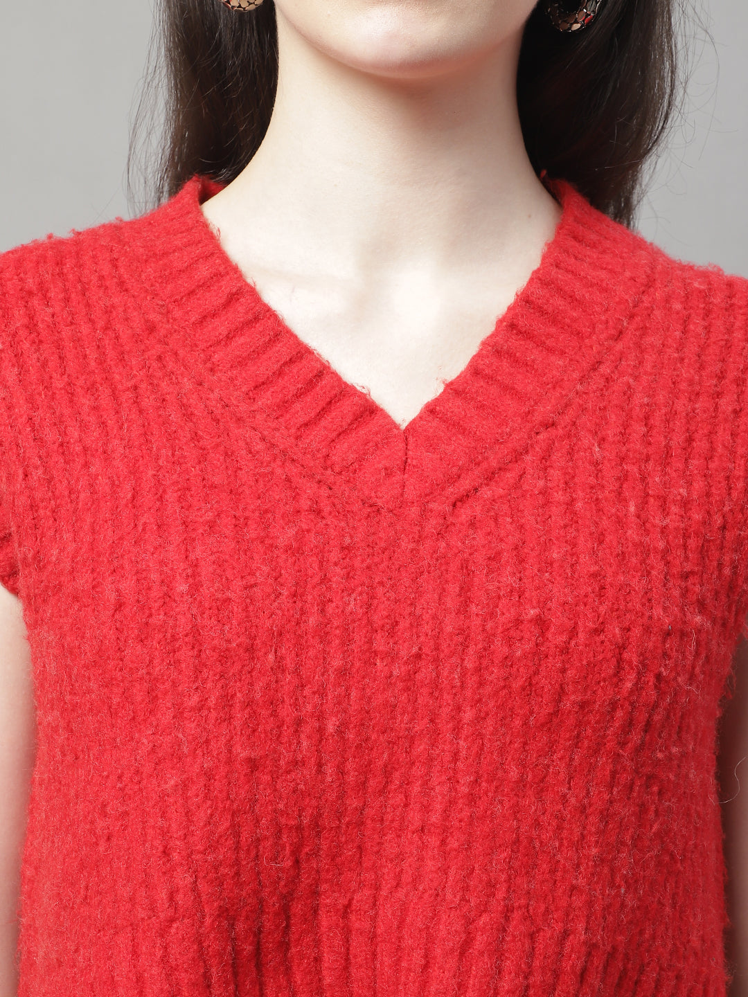 Acrylic Crop V-Neck Sleeveless Red Sweater