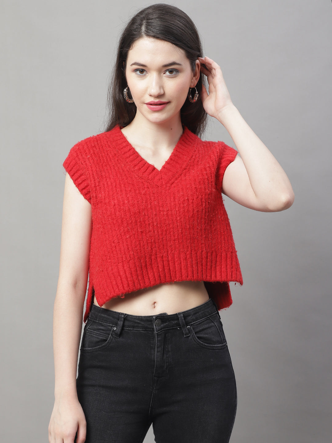 Acrylic Crop V-Neck Sleeveless Red Sweater