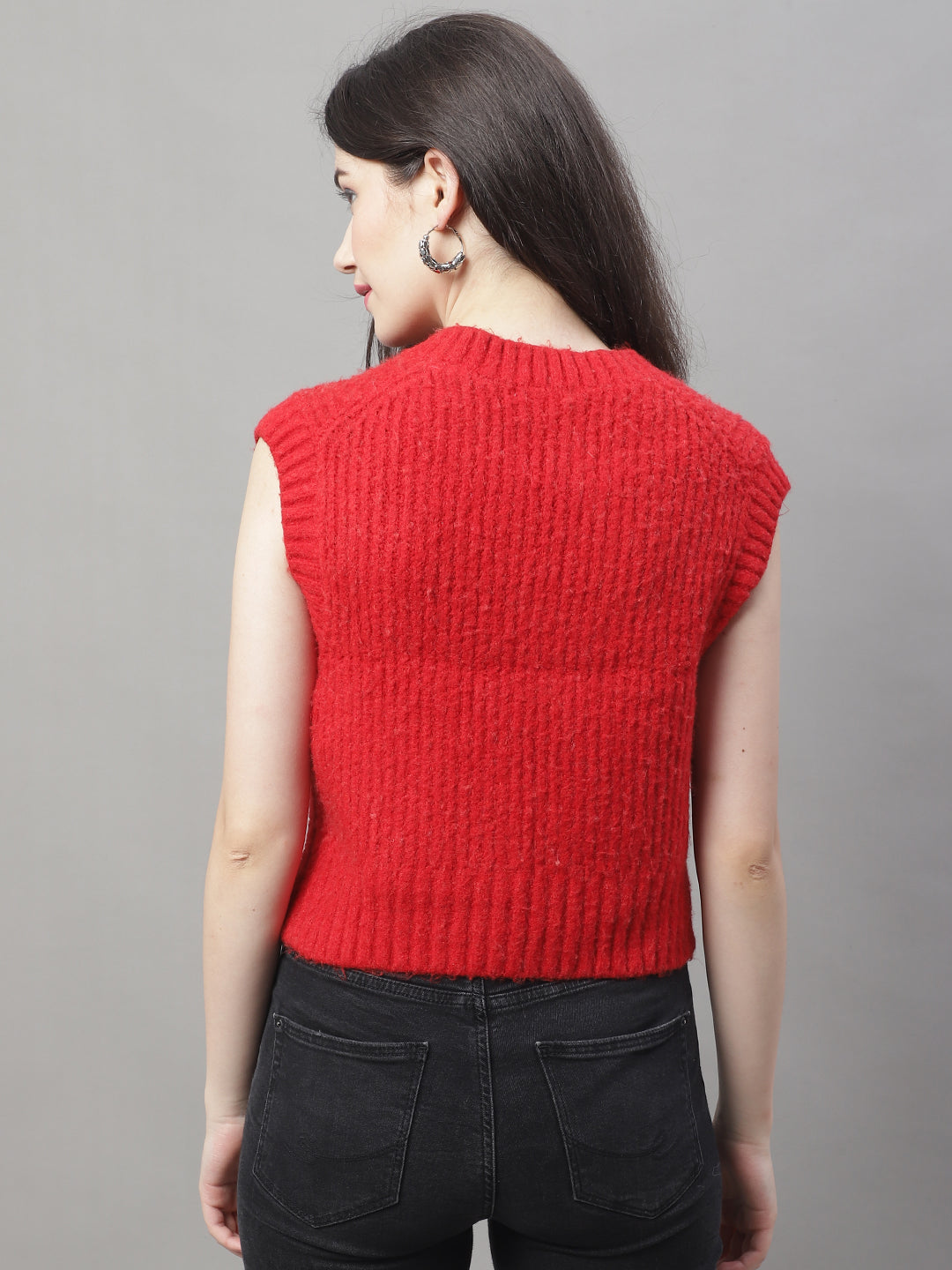 Acrylic Crop V-Neck Sleeveless Red Sweater