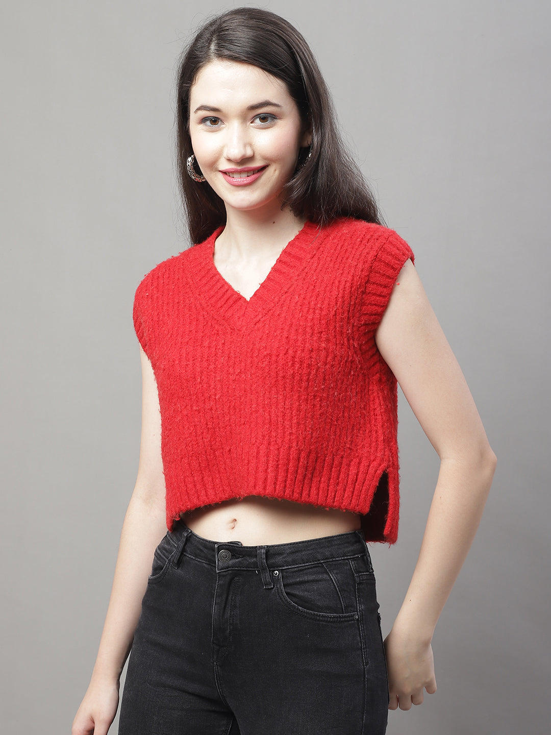 Acrylic Crop V-Neck Sleeveless Red Sweater