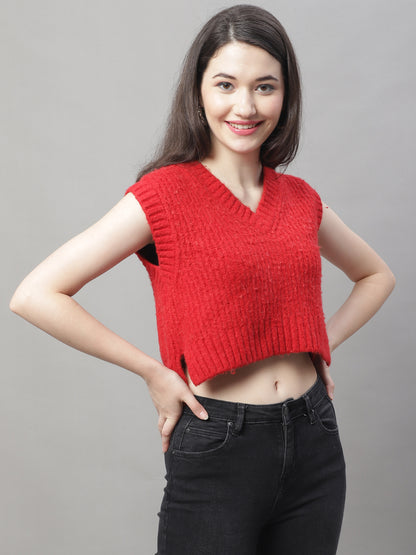 Acrylic Crop V-Neck Sleeveless Red Sweater