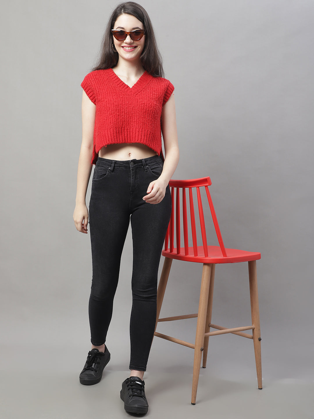 Acrylic Crop V-Neck Sleeveless Red Sweater